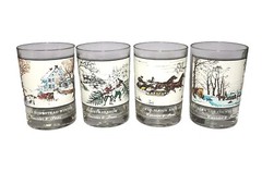 4 Vtg CURRIER IVES Glasses Glass Set Winter Snow Horses Christmas Arby’s NYC