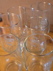Set of 6 Vintage Etched Monogramed «S» Footed Drinking Highball Glasses 6-8oz