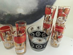 Vintage Jeannette Glasses, Lot of 9, Gold & Red Cocktail Recipe Barware MCM