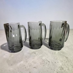 Libbey Smoke Gray Black Optic Heavy Pressed Glass 11 Oz Mugs Tankards Set of 3