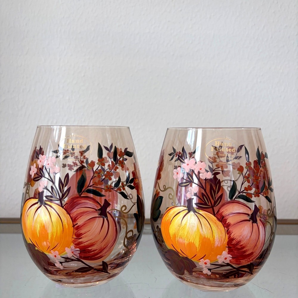 Hand Painted Fall Pumpkin Stemless Wine Glasses Set of 2 Chic Barware NEW