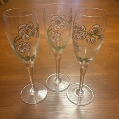 3 Perrier Jouet Belle Epoque Pink Gold Flowers 7.5″ Champagne Flutes XLNT!