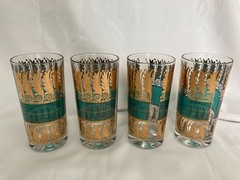 Vintage Culver Glass 22 K Gold and Turquoise 5 1/2 Inch Highball Glasses Set o 4