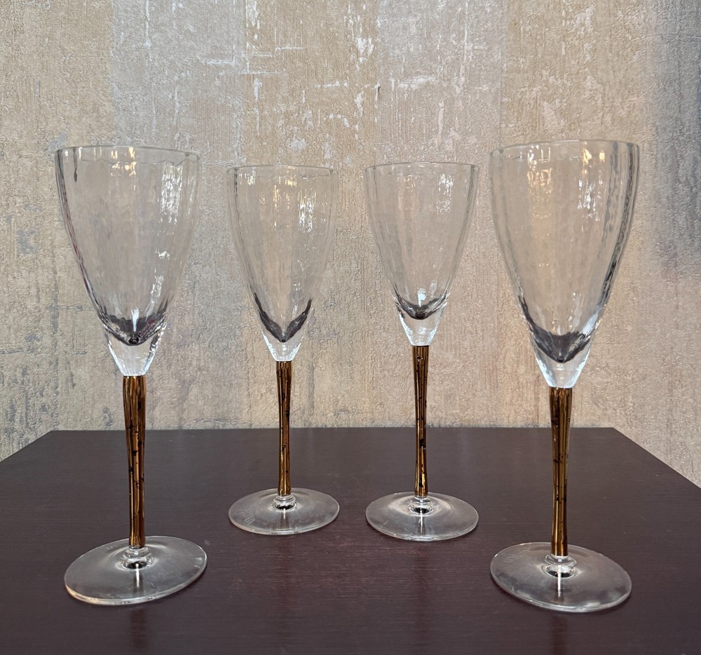 4 Stephen Smyers Signed Hand Blown Art Glass Champagne Flutes Gold Bamboo Stem