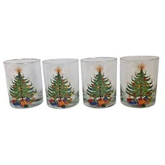 Vintage Christmas Tree Lowball Glasses Gold Rim Holiday Tumblers Set of 4