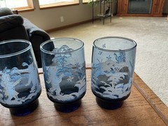 Libbey Mary Gregory Glass Set (4) Blue Glass White Embossed Children/Dog/Trees