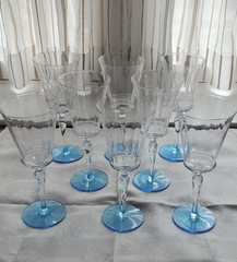 8 Piece Morgantown Balliernia Stems Blue foot Optic Bowl Water or Wine POST WWII