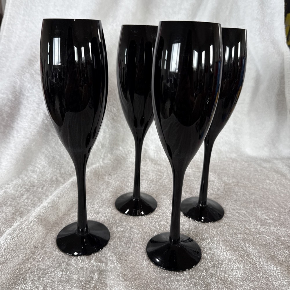 VINTAGE SET OF 4 LIBBEY BLACK AMETHYST CHAMPAGNE FLUTE GLASSES 8-3/4″ 6 OZ, MINT