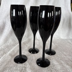VINTAGE SET OF 4 LIBBEY BLACK AMETHYST CHAMPAGNE FLUTE GLASSES 8-3/4″ 6 OZ, MINT