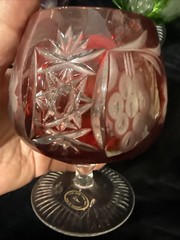 FOUR AJKA MARSALA MULTICOLOR LEAD CRYSTAL BRANDY GLASSES, 1980’s STICKER ON
