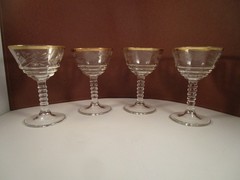 Vintage Clear Glass Gold Band Etched Flower Set of 4 Wine Cordials Glasses