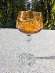 Vintage Bohemian Crystal Wine Glass Cut To Clear Orange Amber Grapes Exquisite