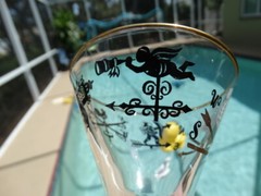 Libbey Glass Curio Liquor Cocktail Glass Rooster Cherubs Weather Vanes Stem 3004