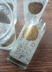 Vintage Libbey MCM White Lace Crown Gold Medallion Highball Glasses Set of 4 EUC