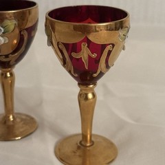 3 Vintage Czech Bohemian Ruby Red Cordial Glasses w/ Gold Trim & Painted Flowers