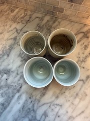 Set of 4 Vintage Studio Pottery Yunomi Tea Cups Celadon Sand Matte Glaze Combed
