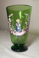 antique green hand blown painted enameled figural farmer glass tumbler footed