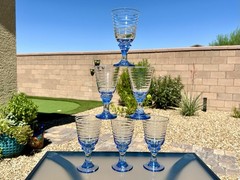 Set of Six (6) Libbey Sirrus Blue Wine Goblets Vintage Light Blue Spool Stem