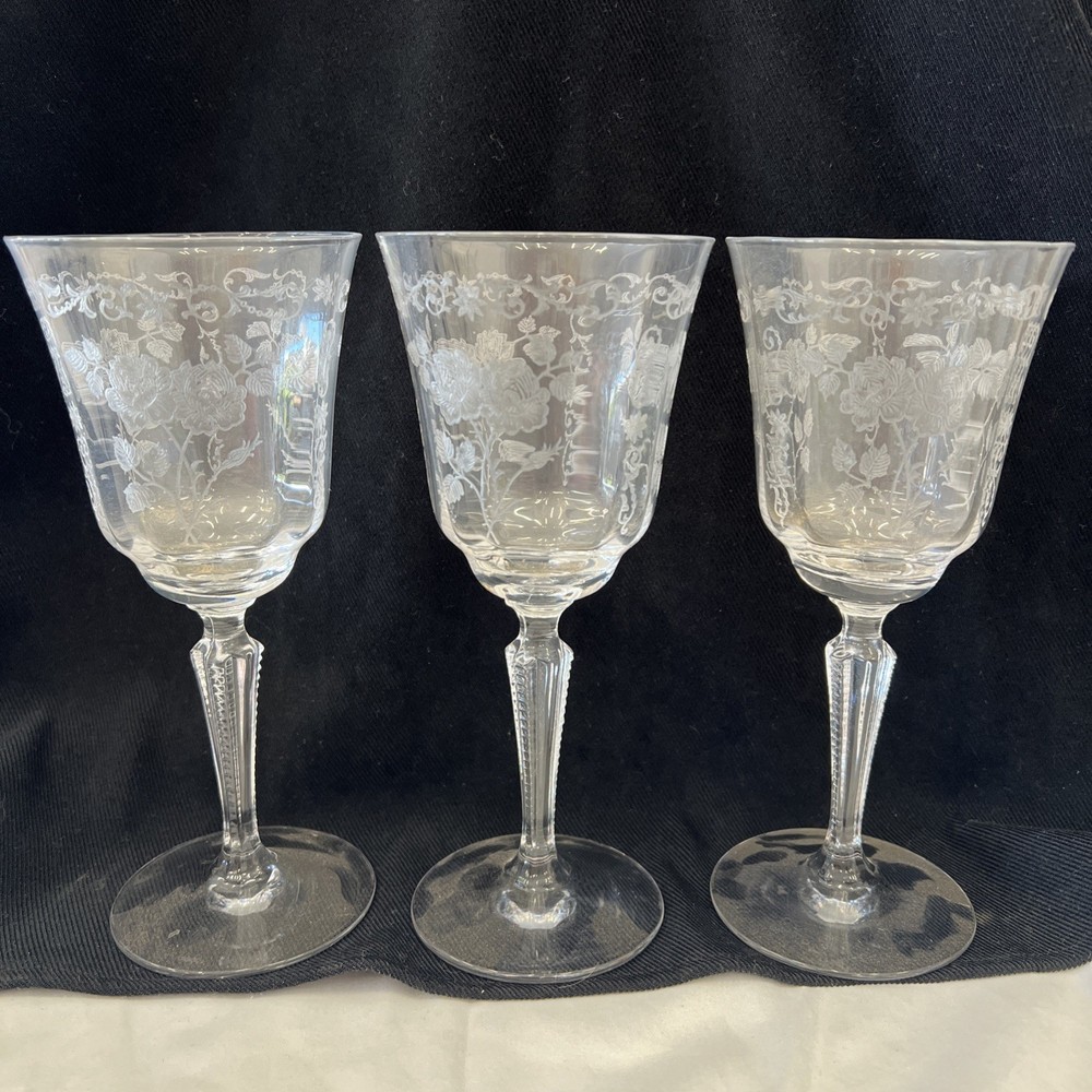 3 Vtg Fostoria Midnight Rose Water Goblet Etched Hand Blown Glass Crystal