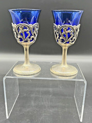 2 Vintage Cobalt Blue Glass Art Deco Silver Plate Cordial glasses ~3.5″