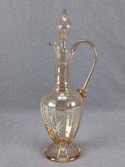 Bohemian Hand Enameled White Floral Optic Molded Amber Glass Liquor Cordial Set