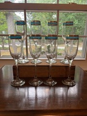Set of 8 – Glass Champagne Flutes w/ Blue Teal & Gold Trim Mid Century Modern 9″
