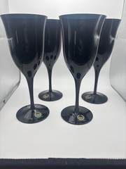 4 New Stemmed Wine Glasses Black Goblets Carico Fine Lead Crystal Japan 7 1/4”