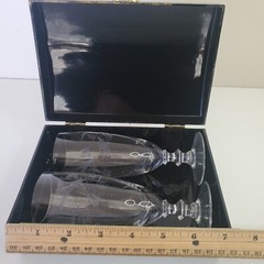 Short Etched Champagne Flutes Button Base in VTG Hinged Plastic Decoupage Box