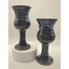 Vintage Studio Art Pottery Drip Glaze Blue Glazed Chalice Goblet 6-3/4″ Tall