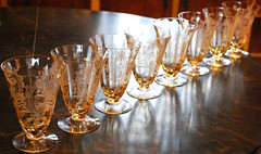 Vtg Set 8 LA FLEURE YELLOW 4.75″ Etched FOOTED TUMBLERS Glass TIFFIN FRANCISCAN