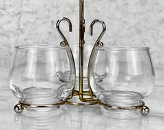 Mid-Century Gold Bar Serving Caddy w/ 3 Whiskey Glasses