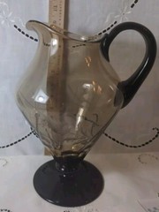 Amethyst and Smoked Glass Floral Etched Footed Pitcher, Vintage