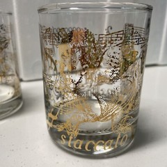 7 Drinking Glasses – Staccato Cupid With Music Score Notes In Gold – Mint Cond.
