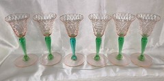 6 Steuben RARE Shape #3551 Pomona GREEN & PINK 5 3/4″ Inch OPTIC WINE GLASSES