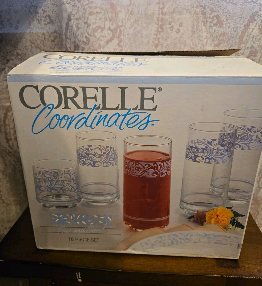 BOX ONLY Set Of 18 Corelle Coordinates Sea And Sand Glasses Vintage Set Empty