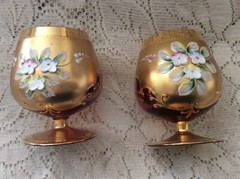 Pair Moser Glass Snifters~~Cranberry Glass Gold Gilt & Applied Enamel Flowers