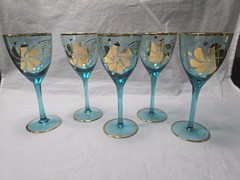 Vintage Romanian Aqua Blue (5) Wine Glasses 22K Gold Gilt Floral Design and Rim