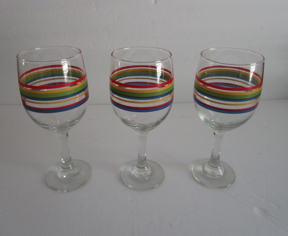 Set of 7 VTG Libbey Blue Red Green Yellow Striped Water Glasses 8 OZ