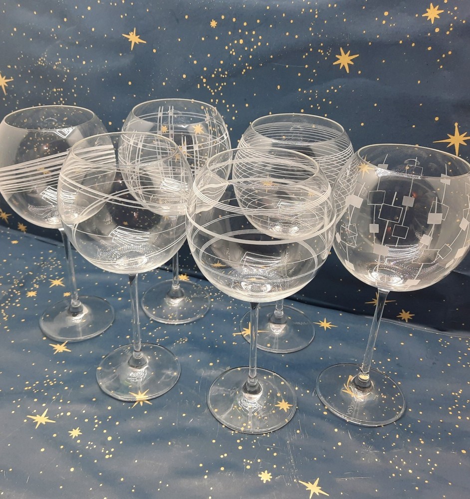 Mikasa Cheers Crystal Wine Etched Glasses Dots Swirls Lines Set of 6 -EUC Bubble