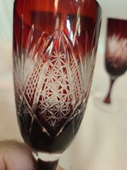 Mid-Century Bohemia Cut Crystal Ruby Red Etched wine Stemmed Set of 4 6.5 inch