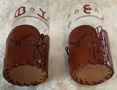 2 Vintage Libbey Bamco Western Tooled Leather Sleeve Glass Longhorn Cattle 5.25”