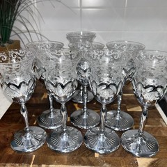 Vintage 40’s Farber Bros. NY Cambridge Chantilly Etched Chrome Cocktail Glasses