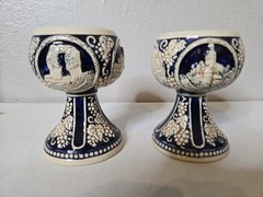 Vintage German Pottery Set Of 2 Wine Goblets Numbered With 4 Castle Scene READ