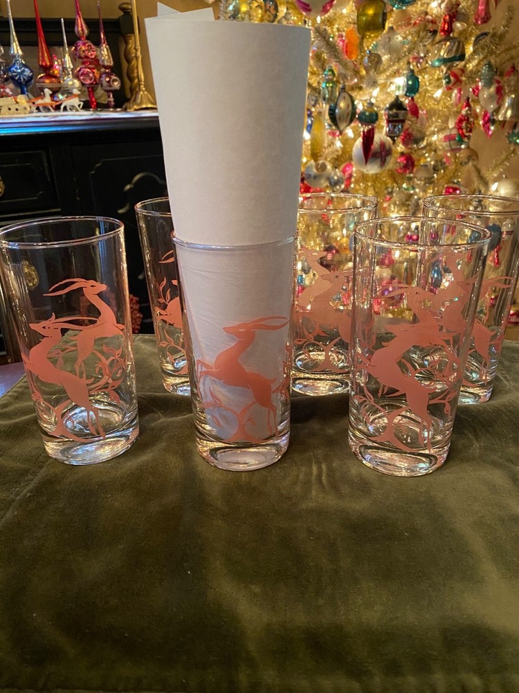 6 PINK ANTELOPE GAZELLE DEER MCM GLASS TUMBLERS MCM 5 1/8” TALL No Flaws!