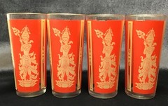 Vintage Culver Siam Thai Goddess Dancer Mid-Century Modern Red Tumblers Set of 4