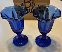 2 Anchor Hocking Cobalt Blue Fountain Ware Sundae Scallop Goblets Glasses Sale!!