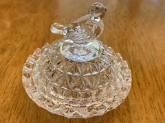 Vintage Crystal Miniature Bird Trinket Ring Box Jewelry Dish Round Lid Footed