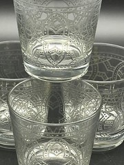 Set of 4 Low Ball Rocks Drinking Barware Glasses with Silver Overlay Pattern