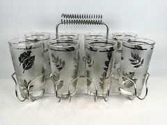 Vintage Mid- Century Modern Leaf Pattern Drinking Highball Glasses Chrome Caddy