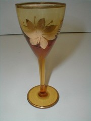 2 Toscany Bohemia Amber Glass Cordial Wine Goblets w 22k Gold Leaf Romania TW0